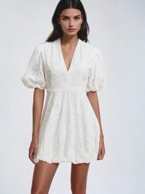 Christian Lacroix Floral Embroidery V Neck Puff Sleeve  Bubble Hem Mini Dress